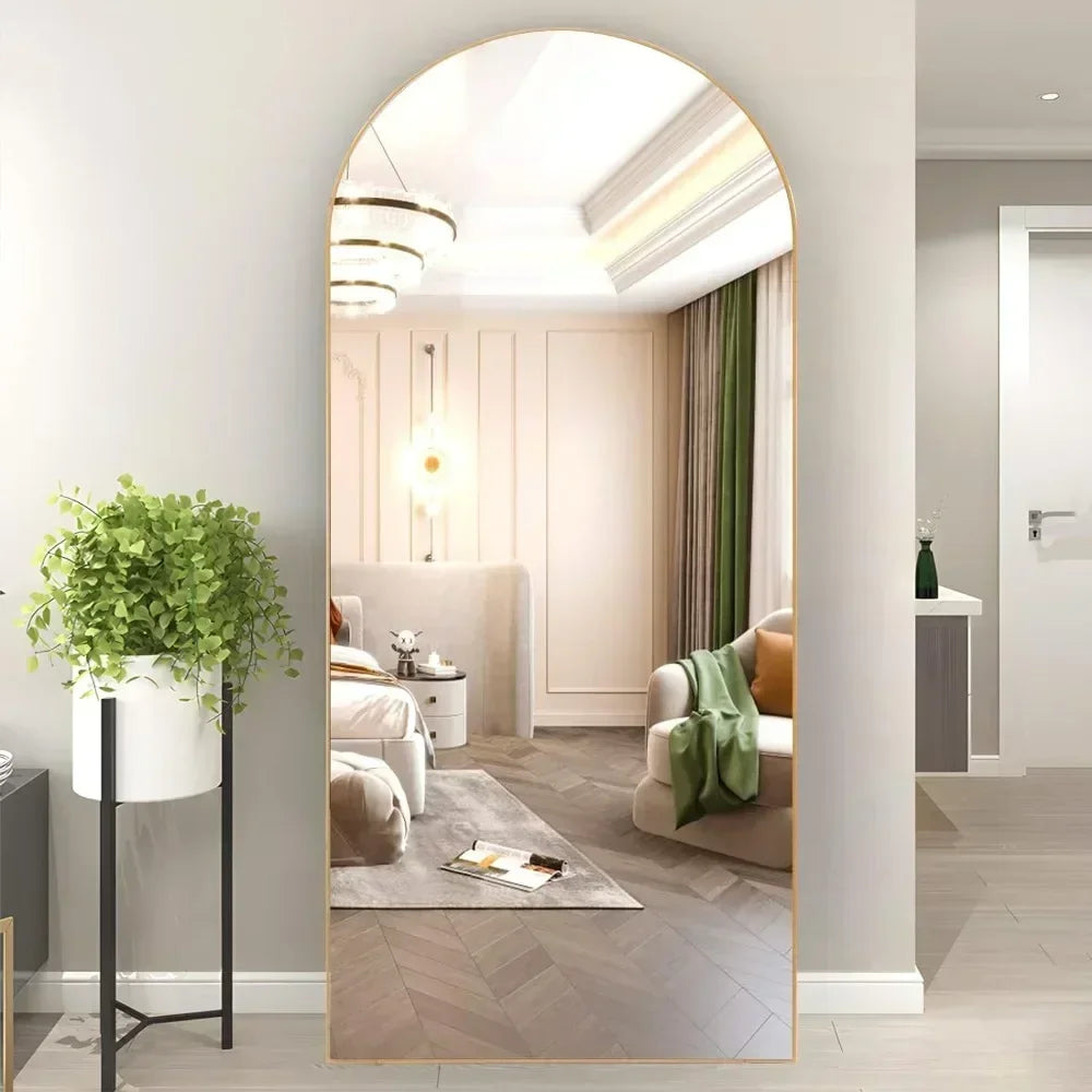 Full Length Mirror, 64"x21" Arch Mirror Floor Mirror with Stand, Gold Arched Full Body Standing or Leaning for Bedroom