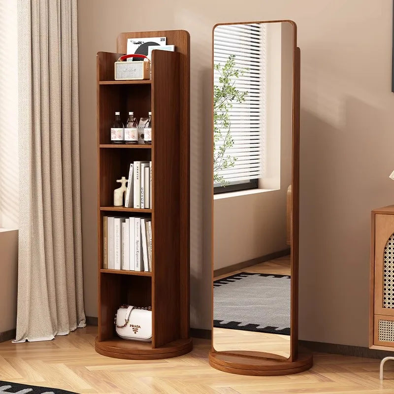 Espejo giratorio de longitud completa, espejo de suelo de cuerpo completo, estantería para revistas para el hogar, almacenamiento giratorio, espejo de ajuste integrado Verti