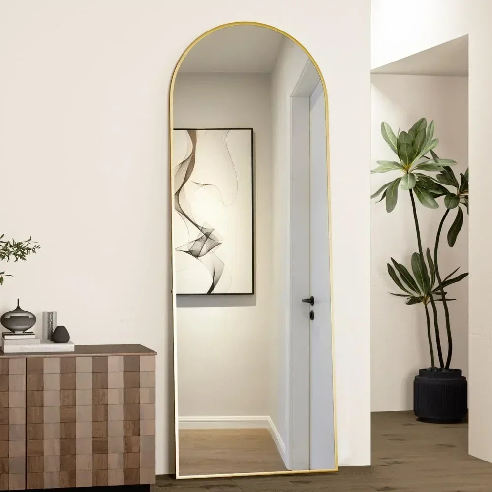 Full Length Mirror, 64"x21" Arch Mirror Floor Mirror with Stand, Gold Arched Full Body Standing or Leaning   for Bedroom
