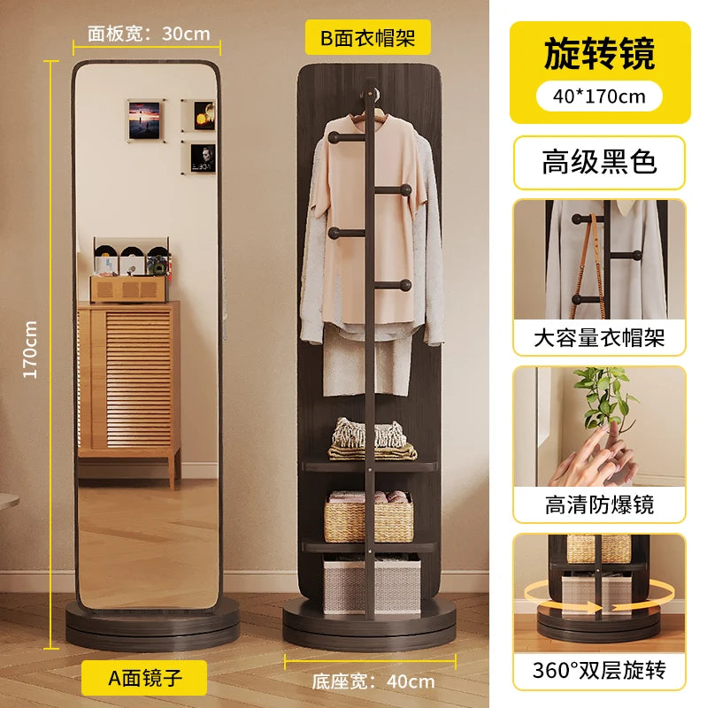 Espejo giratorio de longitud completa, espejo de suelo de cuerpo completo, estantería para revistas para el hogar, almacenamiento giratorio, espejo de ajuste integrado Verti