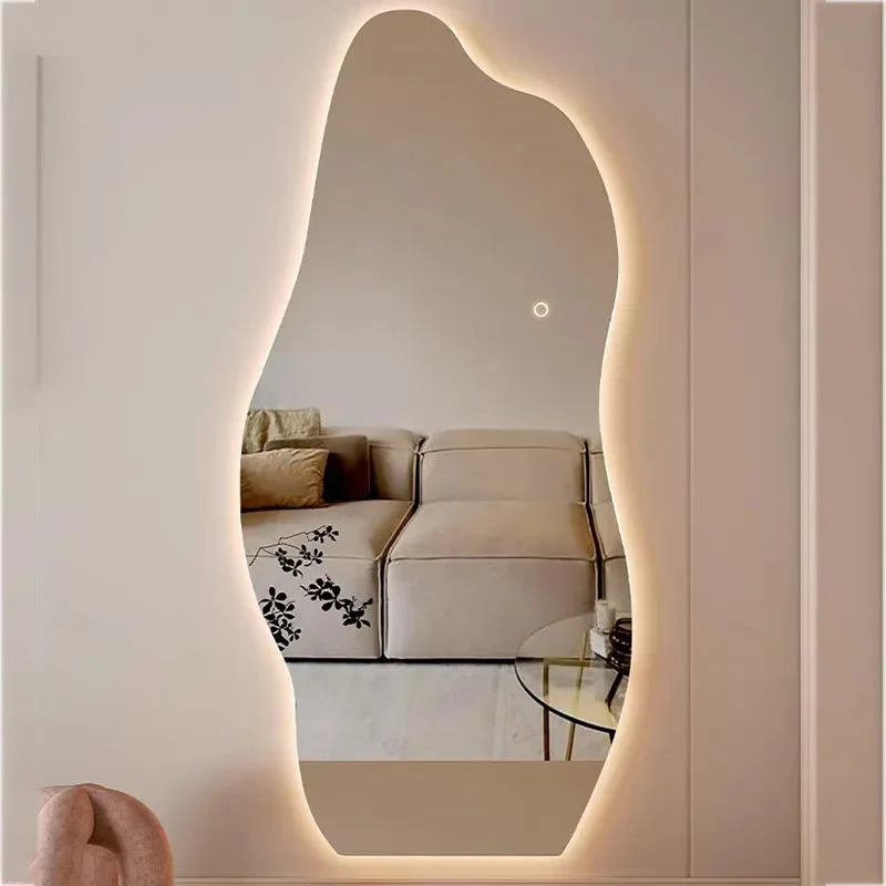 Espejo de maquillaje con luz Led grande, espejo de maquillaje de pared moderno Irregular para dormitorio, decoración estética para el Hogar y la habitación
