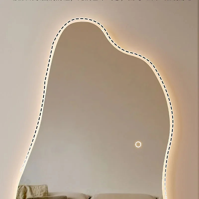 Espejo de maquillaje con luz Led grande, espejo de maquillaje de pared moderno Irregular para dormitorio, decoración estética para el Hogar y la habitación