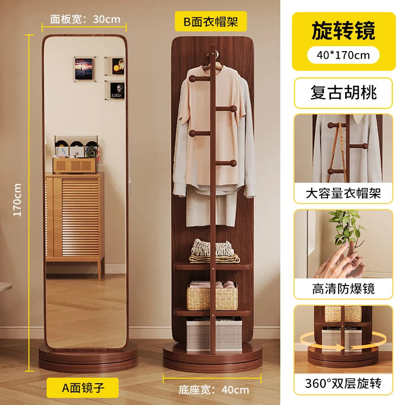 Espejo giratorio de longitud completa, espejo de suelo de cuerpo completo, estantería para revistas para el hogar, almacenamiento giratorio, espejo de ajuste integrado Verti