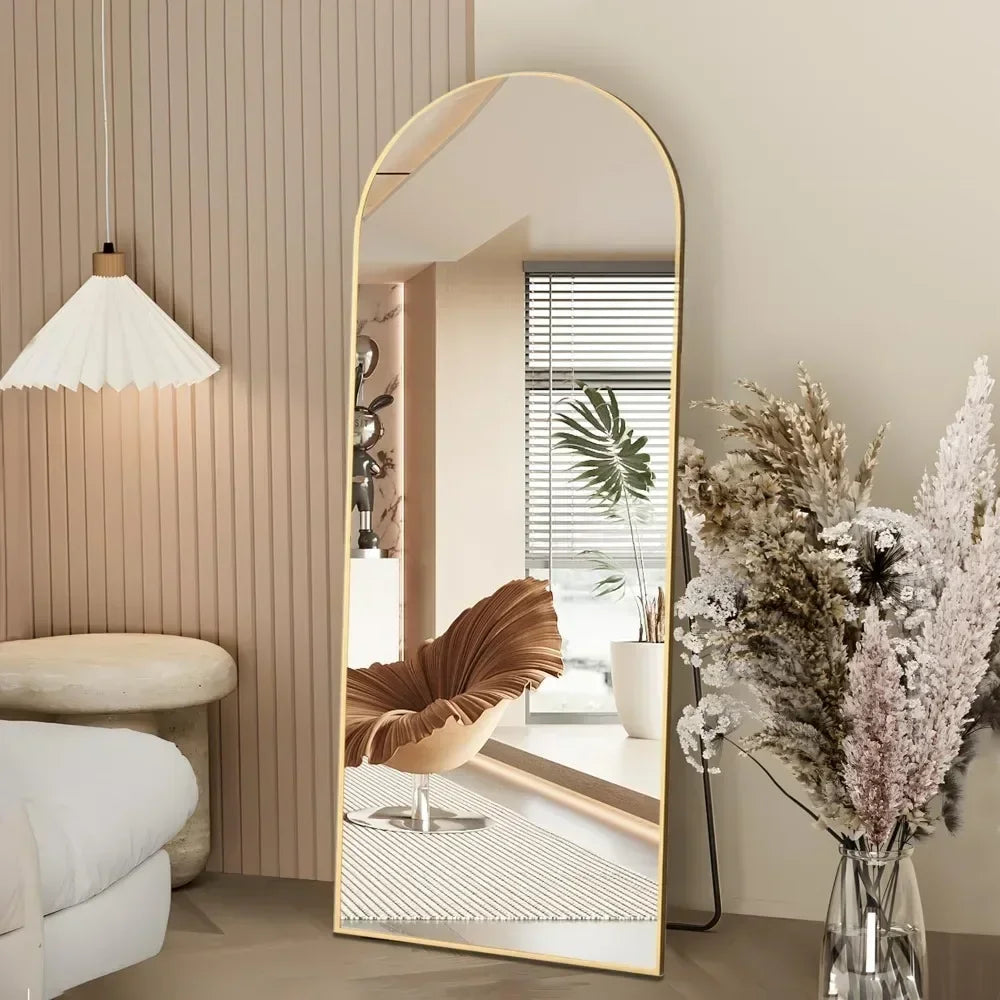 Full Length Mirror, 64"x21" Arch Mirror Floor Mirror with Stand, Gold Arched Full Body Standing or Leaning   for Bedroom