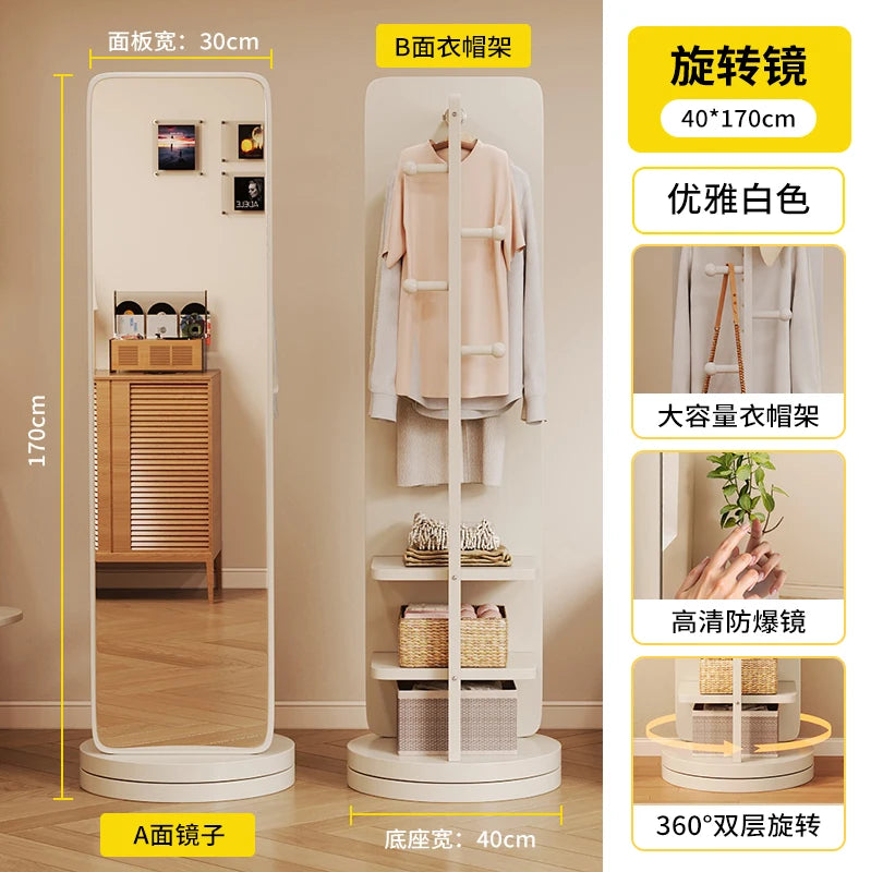 Espejo giratorio de longitud completa, espejo de suelo de cuerpo completo, estantería para revistas para el hogar, almacenamiento giratorio, espejo de ajuste integrado Verti