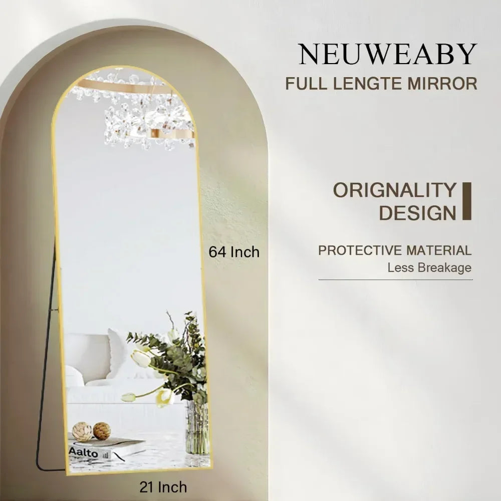 Full Length Mirror, 64"x21" Arch Mirror Floor Mirror with Stand, Gold Arched Full Body Standing or Leaning   for Bedroom