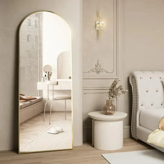 Full Length Mirror, 64"x21" Arch Mirror Floor Mirror with Stand, Gold Arched Full Body Standing or Leaning   for Bedroom
