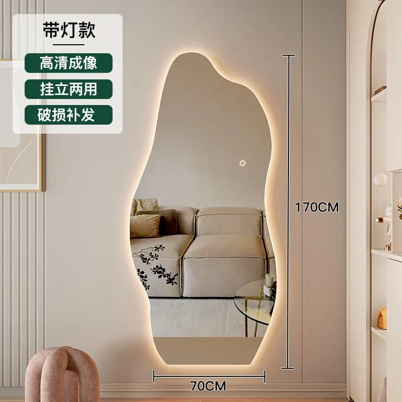 Espejo de maquillaje con luz Led grande, espejo de maquillaje de pared moderno Irregular para dormitorio, decoración estética para el Hogar y la habitación