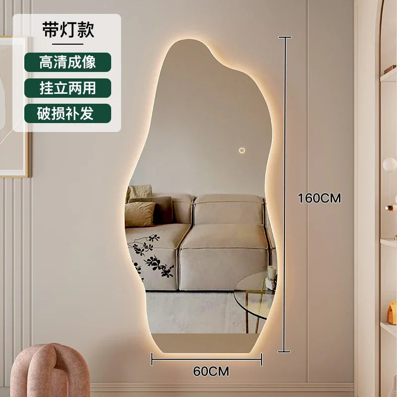 Espejo de maquillaje con luz Led grande, espejo de maquillaje de pared moderno Irregular para dormitorio, decoración estética para el Hogar y la habitación