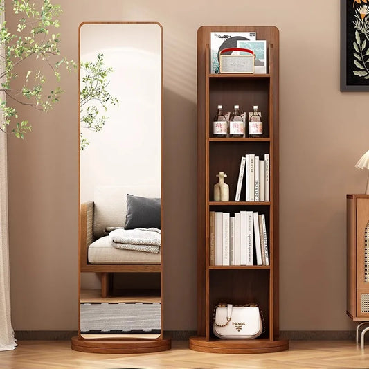 Espejo giratorio de longitud completa, espejo de suelo de cuerpo completo, estantería para revistas para el hogar, almacenamiento giratorio, espejo de ajuste integrado Verti
