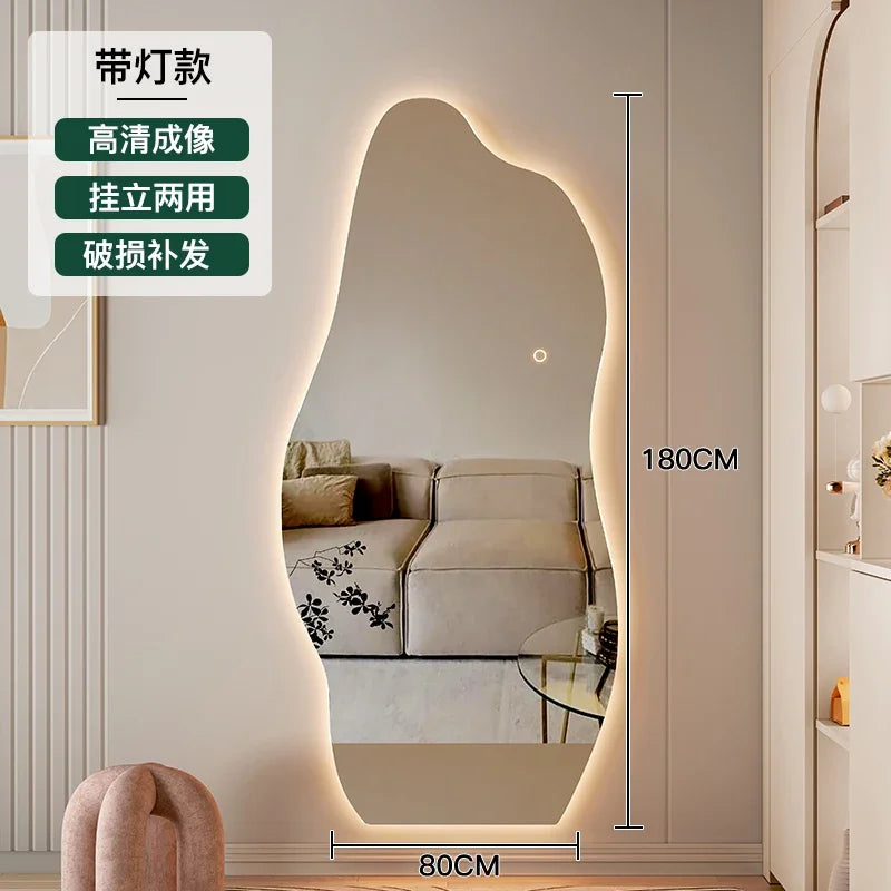 Espejo de maquillaje con luz Led grande, espejo de maquillaje de pared moderno Irregular para dormitorio, decoración estética para el Hogar y la habitación