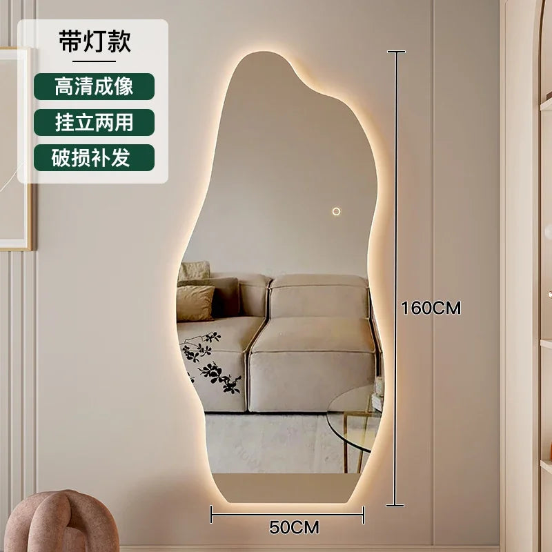 Espejo de maquillaje con luz Led grande, espejo de maquillaje de pared moderno Irregular para dormitorio, decoración estética para el Hogar y la habitación